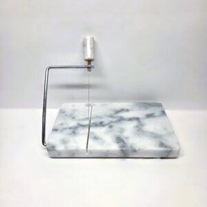 Vtg Marble Cheese Board Slicer Tray Wire Cutter Stone White Gray Cutting 8" x 5"